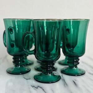 Vintage Libbey Juniper Green‎ Pedestal Irish Coffee Mugs Set of 7